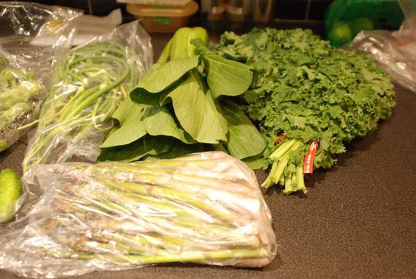 garlic scapes, kale, bok choy